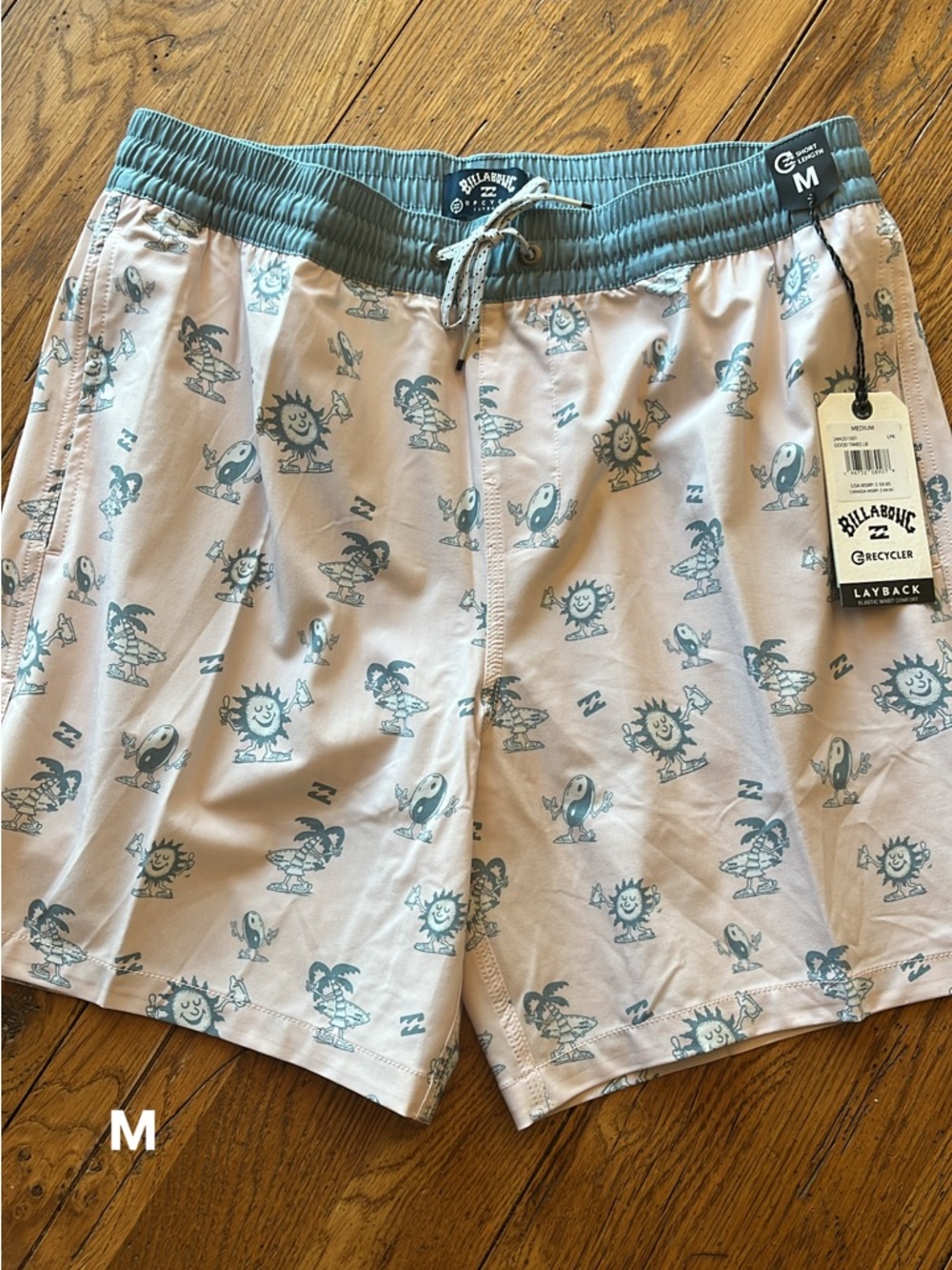 Billabong Men’s Swim Trunks in Pale Pink with Teal Waist and Print